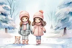 冰雪世界小雪女孩花式赏雪插画