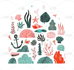 手绘矢量抽象卡通夏季时间水下插图艺术收藏集珊瑚礁, 海藻, 海星, 蟹, 锚, 石头和海贝壳在白色背