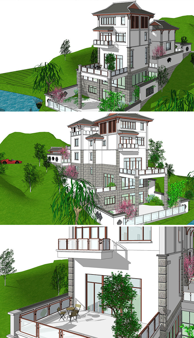 简易滨水别墅小庭院建筑景观su模型