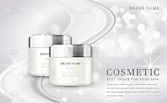 矢量3D化妆品化妆插图产品瓶与优雅的白色闪亮的背景