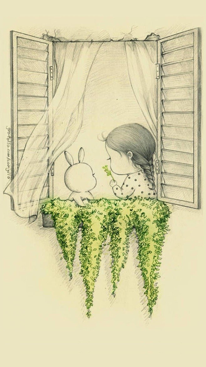 女孩与兔子 暖心插画