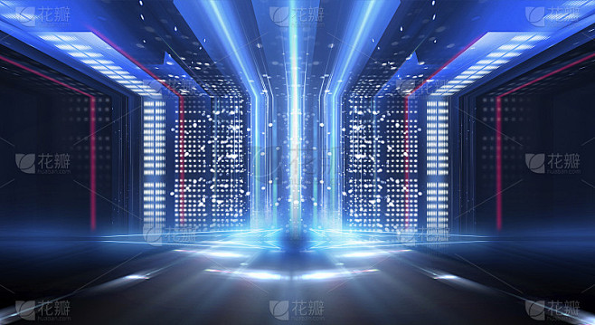 深色背景与线条和聚光灯，蓝色霓虹灯，夜景...