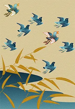 清新小鸟大气黄蓝色新中式花朵插画