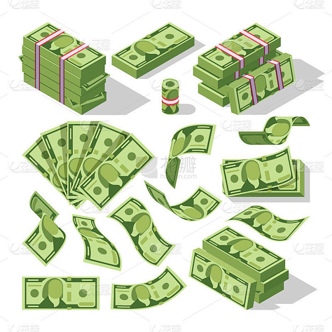 卡通钱的账单。绿色美元钞票现金矢量图标