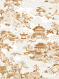 This is a traditional Chinese pattern line drawing of ginseng with classical elements in gold lines on a white background, surrounded by white clouds and winter snowflakes. The composition is symmetrical, with houses, trees, rocks, flowers and animals pai