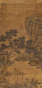 沈周——《松荫闲坐（松阴高士、溪上松风、松溪觅句）》【溪上有亭山四围，树阴如水碧生苔。诗翁不涉世间事，坐弄茶杯与酒杯】人物山水 立轴欣赏  |  
明|沈周(1427～1509)字启南，号石田、白石翁、玉田生、有居竹居主人等，长洲 (今江苏苏州)人。明代中期文人画“吴派”的开创者，"吴门四家"之首，与文徵明、唐寅、仇英合称“明四家”。擅山水，中年后风格沉着浑厚。亦作细笔，人称“细沈”。兼工花鸟、人物。