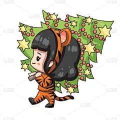 2022年中国新年，卡通女孩穿着老虎服装。