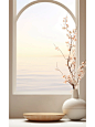 a 3d scene of a large window i.e. opening with flower bouquet asanr, in the style of japanese minimalism, soft focus lens, rounded forms, edo-period japan, award-winning, zen-inspired, soft and airy compositions