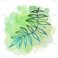 彩色线艺术热带留下水彩绿色飞溅和斑点。线性手绘叶在白色背景