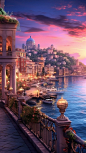 incredible spectacular vista in an exotic ancient Roman waterfront paradise city, brilliant colors, dusk, amazing lighting
