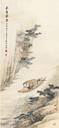 启功 叶昀 前赤壁赋图
启功先生的山水画主要是取法的南方画派一路画法，他的山水画传统功夫深厚，北人南画，在画境文心的南宗山水画风貌中透露出一股刚健清新之气。
叶昀（1901-1983）号松荫。满族。昆曲艺术家、书画家，20岁时正式拜溥侗为师，学人物画。人物画以线描见长，山水师法刘松年、蓝瑛，笔墨酣畅洒脱。
款识：△甲申秋日，元白居士启功补景。△仰曦叶钧写图。△元白居士启功补景。△仰曦叶钧写图。
钤印：△启功长寿、元白居士△仰曦、叶昀大利、青山一发△启功长寿、元白居士△仰曦、叶昀大利、青山一发
