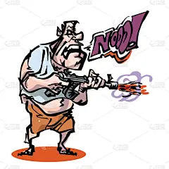 一个拿着机关枪大喊大叫的人，卡通