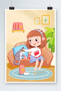 暖色温馨手绘扁平风室内女孩宠物猫玩耍插画-众图网