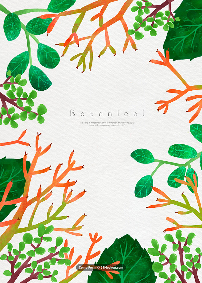 多种绿色植物叶子橘色藤蔓水彩手绘插画psd平面设计绘画插图