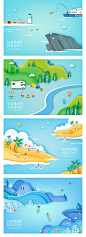 扁平海边度假旅游野外钓鱼烧烤潜水蓝色夏季风景插画AI矢量素材-淘宝网