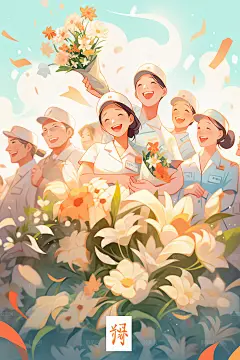 劳动节工人人物鲜花感恩插画
