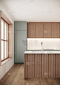 日式厨房室内设计。现代斯堪的纳维亚公寓与木制家具和大窗户。三维渲染垂直背景