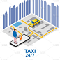 出租车服务等距。男子在智能手机屏幕附近用地图标出城市路线，并点出黄色汽车的位置。在线移动应用订车服务
