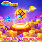 可能是包含下列内容的卡通画：上面的文字是“Homescapes Week of Rewards!”