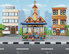 老师和孩子们在公共汽车站