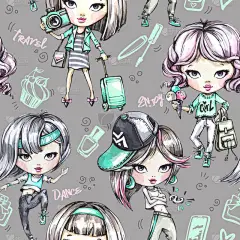 水彩的无缝模式与青少年的时尚女孩。节日贺卡、 明信片、 礼品包装纸的现代背景。手绘假日图.