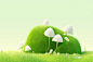 cartoon 3d grass field with white mushrooms and grasses, in the style of dan matutina, delicate flowers, moshe safdie, green, soft, romantic landscapes, eye-catching detail, harmonious balance