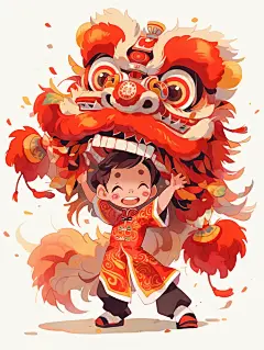 舞狮少年水彩插画喜庆海报
