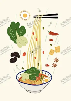 拉面插画 【酷图网】S,插画,绘画,板绘,鼠绘,设计,素材,元素,气泡,水,叶,树叶,蓝,白,紫,绿,黄,清新,可爱,治愈,美味,食物,美食,吃,喝,壁纸,背景,橙,水彩,画,什锦,高汤,汤,料理,日式,日料,鸡蛋,香肠,豚骨,拉面,碗,鱼板,天妇罗,