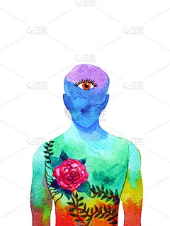 脉轮心灵灵性人类瑜伽第三眼头心理健康水彩画插图设计手绘