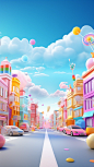 E-commerce kV poster background, blue, purple, orange, yellow, pink, high-end, cartoon, c4d, atmospheric three-dimensional effect, blue sky, buildings on both sides of the road, cars, small toys, surrounded by clouds and mist, red ribbon, delicate and war