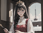 00277-882750098-On a snowy noon, a girl, wearing a golden crown, long black hair, and beautiful blue eyes, looked at the camera from the front,
