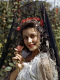 Smiling Woman Wears a Traditional Mantilla and Holds a Pink Rose
