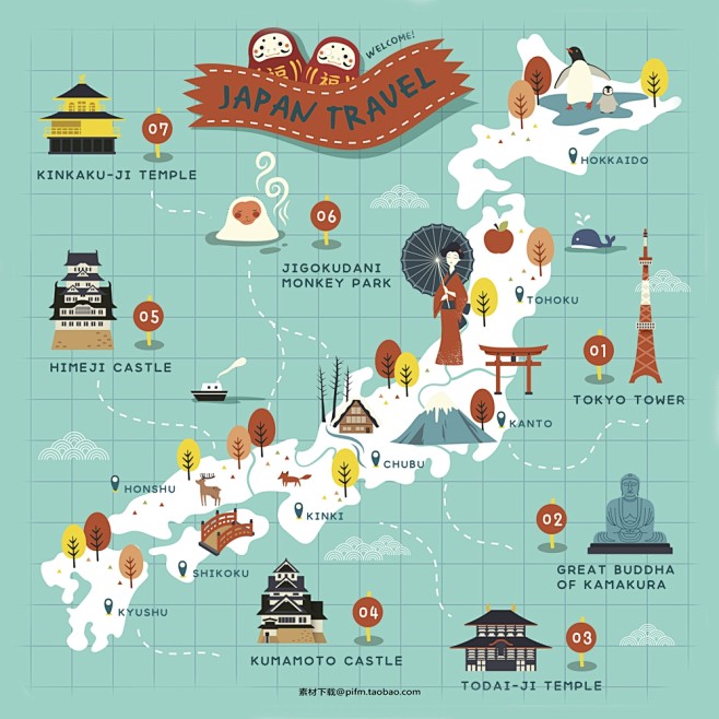 矢量可下载 日本插画 日本旅行地图 建筑...