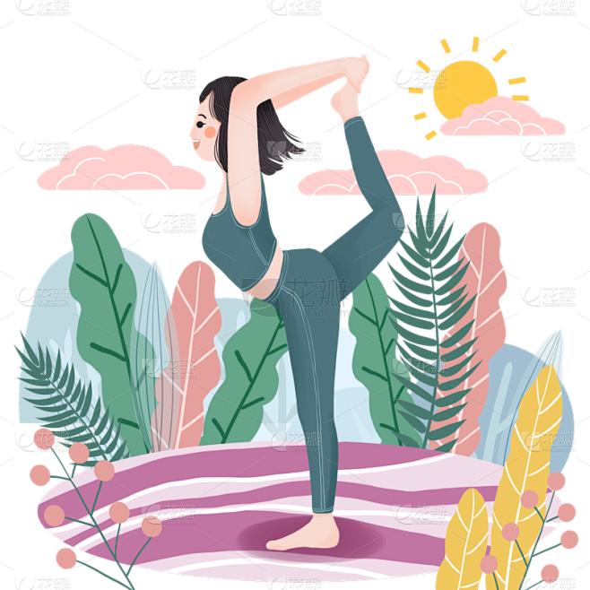 手绘-养生女孩人物场景插画-锻炼