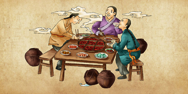 手绘中国风水墨风格吃火锅场景原创人物素材