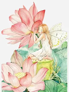 唯美插画_新图网 https://ixintu.com 荷花 唯美 女孩 装饰