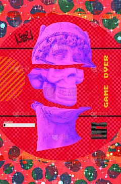 当代简约拼贴墙纸。古董雕像和头骨在数字混乱的游戏空间。八九十年代的派对，万圣节。复古Zine和蒸汽波