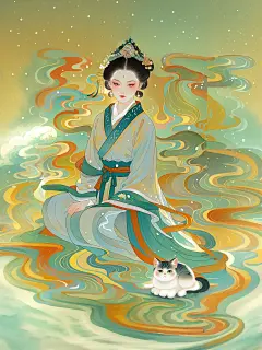 工笔画，新中式国风美人，延时摄影，一只小猫坐在旁边，体积是人的2倍，汉服人物剪影，电影海报，景深构图。金线轮廓描边，剪影，极端构图，前景虚化。发光背景，虚实结 (6)