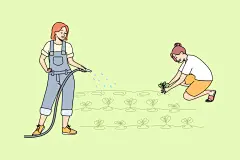 一起耕种浇水与种植的趣味插画场景