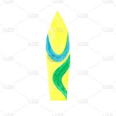 手绘黄色水彩冲浪板装饰蓝色和绿色波浪线孤立在白色背景。极限运动对象为您的设计。
