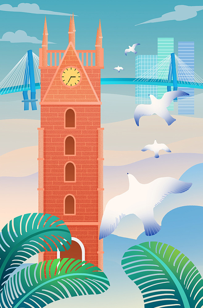 海口钟楼和世纪大桥海南地标建筑插画