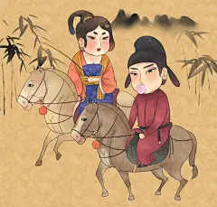 唐朝骑马图，杂志约的小Q版-苹果团子_唐朝,Q版_涂鸦王国插画