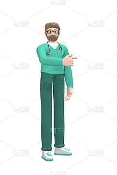 医学人物穿着西装的年轻白人医生手指着抄写空间。卡通人物孤立在白色背景上。3 d渲染。