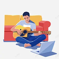 手绘卡通沙发前弹吉他的男人 免抠png 设计图片 免费下载 页面网页 平面电商 创意素材