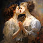 In the exquisite style of Renaissance painting, craft a captivating artwork that explores themes of duality and perception. Portray two identical women in an embrace, sharing a tender kiss. The scene is bathed in soft, diffused light, enhancing the beauty