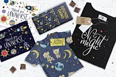 儿童太空宇宙卡通文艺手写英文字体插画插图海报AI+PNG设计素材