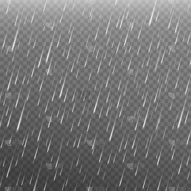 雨的影响。现实的水滴从天而降。暴雨天气,暴雨,阵雨,降雨,季风季节.3D雨矢量背景