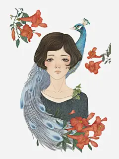 插画高清素材 喇叭花 女孩 孔雀 彩色 免抠png 设计图片 免费下载