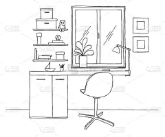 素描的房间。办公椅，办公桌，桌上的各种对象。草绘工作区。矢量图
