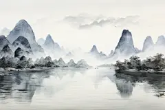 水墨山峦云雾画作山水水墨画美景插画图片